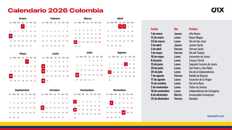 Calendario de Festivos y Días Feriados en Colombia para 2026